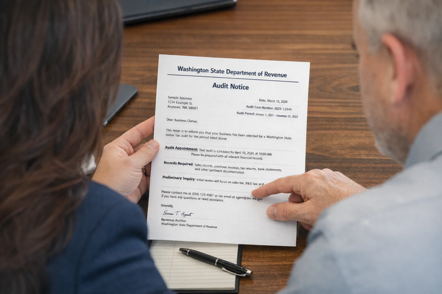 pivotal-audits-dor-representation-with-client-looking-at-letter-notice-woman
